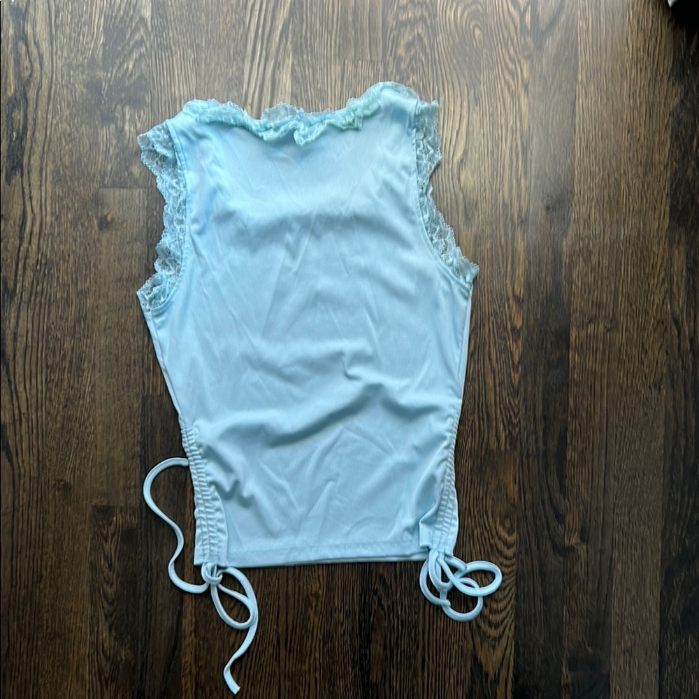 Women’s Light Blue Lace Trim Tank Top with scoop neck, cinched ties at waistline - Picture 4 of 7